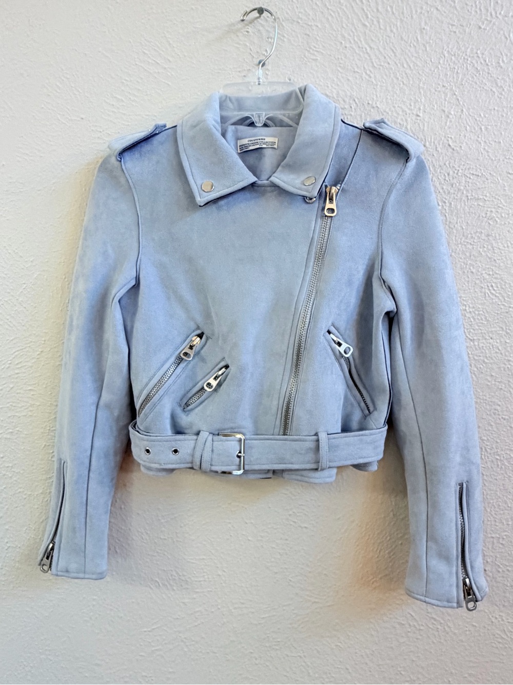 Cocos Kiss pale blue suede moto jacket